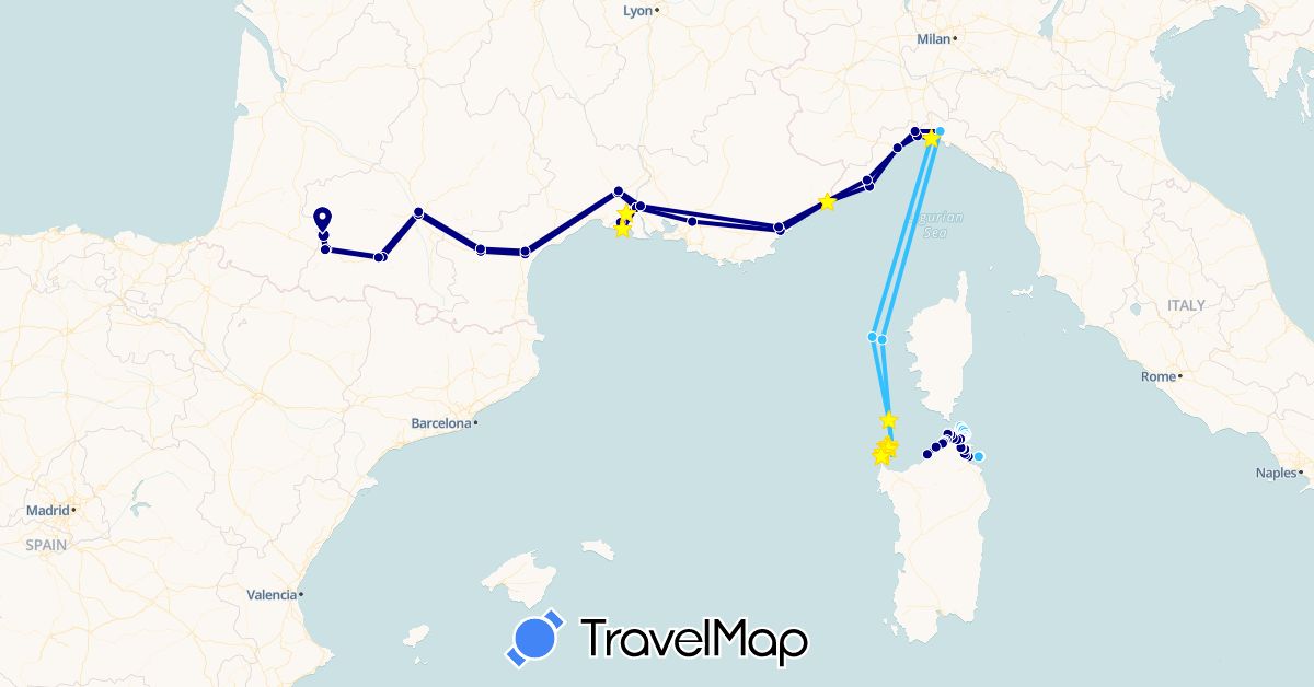 TravelMap itinerary: driving, hiking, boat in France, Italy, Monaco (Europe)